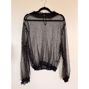 UPS & DOWNS Black Sheer Pearl Embellished Mock Neck Long Sleeve Top Plus Size 2X